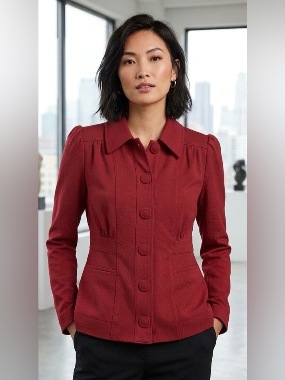 Cabi Deep Red Puff Sleeve Blazer Peplum Waist Button Accent Jacket Size XS